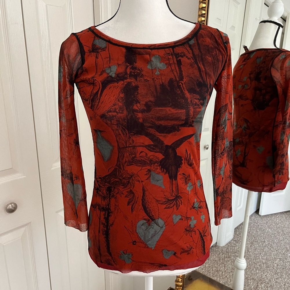 Sheer Red Graphic Long-Sleeve Women's Top - Picture 10 of 11